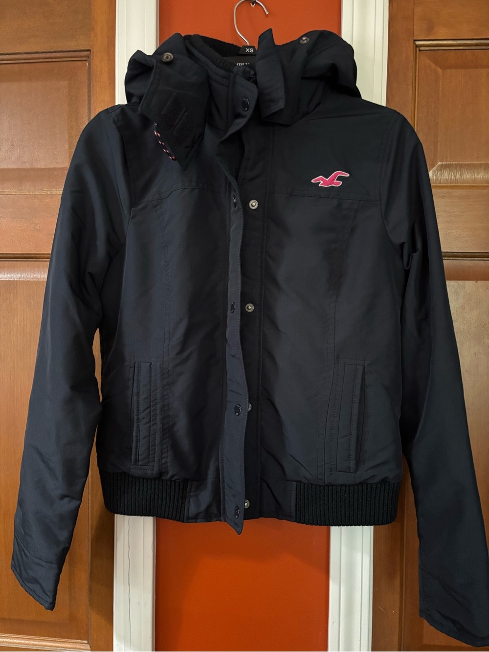Hollister Navy Blue Bomber Jacket with Pink Logo